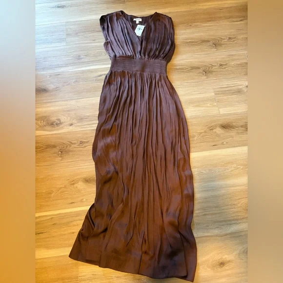 Nordstrom Sleeveless Smocked Satin Maxi Dress Brown Malicacia Small - Picture 3 of 8
